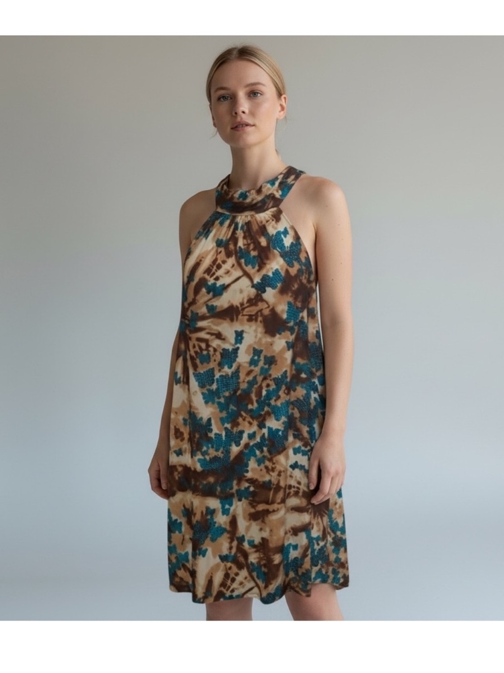 NEW Tie Dye Brown Butterflies Polka Dot High Neck Sleeveless Floaty Dress Med